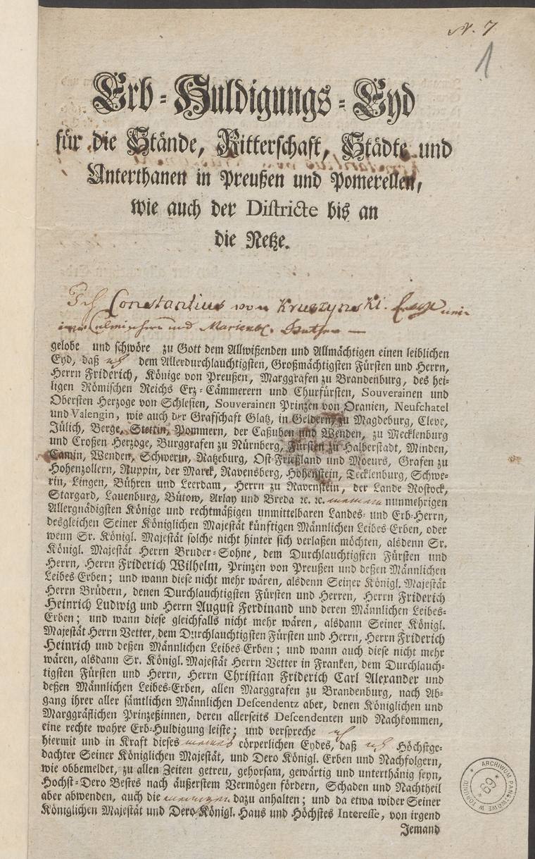 Printed form of the oath of allegiance, 1772