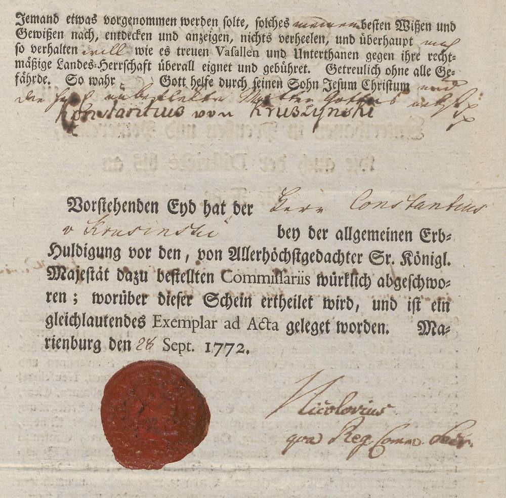 Kruszyński’s signature and seal under the oath, 1772