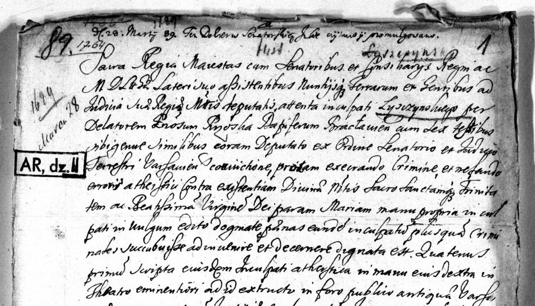 Copy of the 1689 Sejm decree against Łyszczyński, black-and-white scan