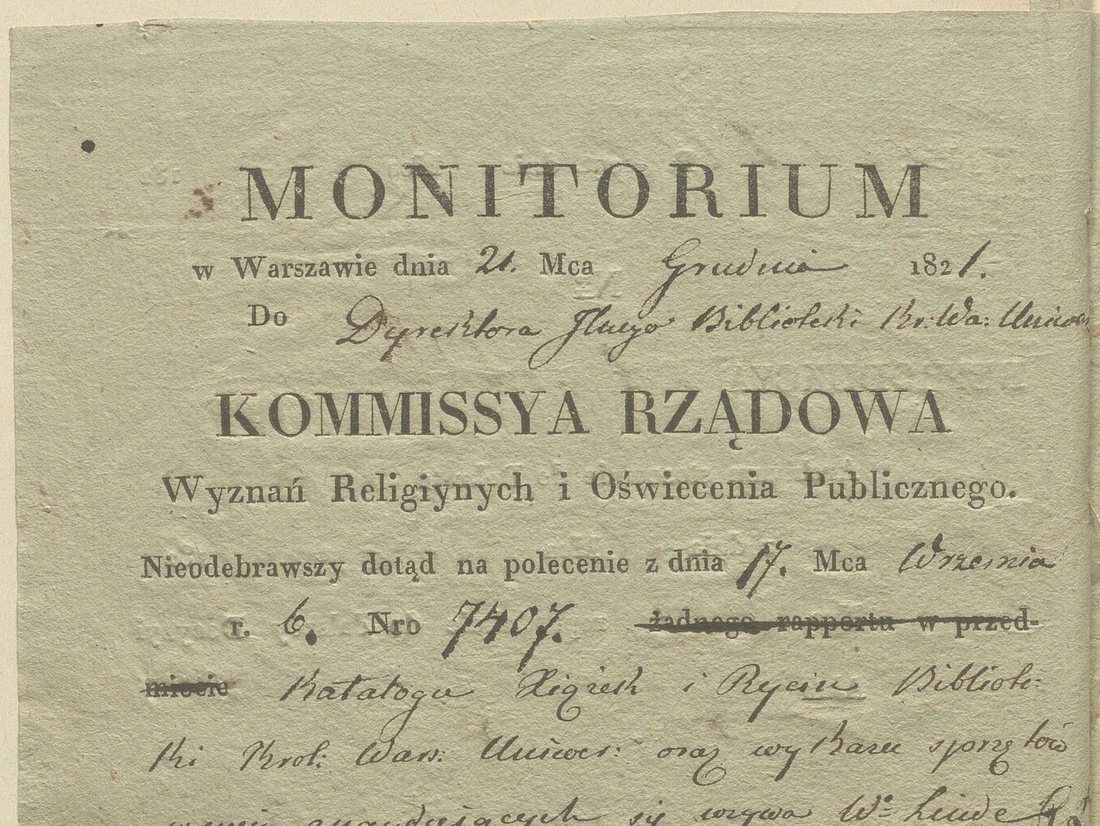 Printed Monitorium form of the Government Commission, 1821, filled in by hand