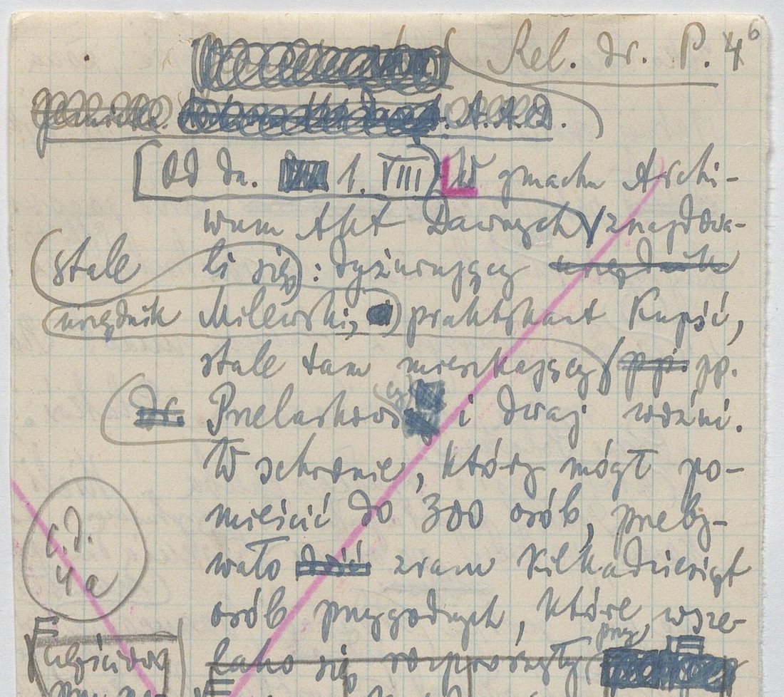 Page of a 1944 account written in pencil, with crossings-out in coloured crayon