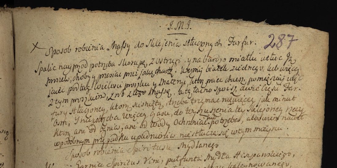 Heading of the recipe „Sposób robienia Massy do Sklejenia stłuczonych Farfur”, manuscript of 1752